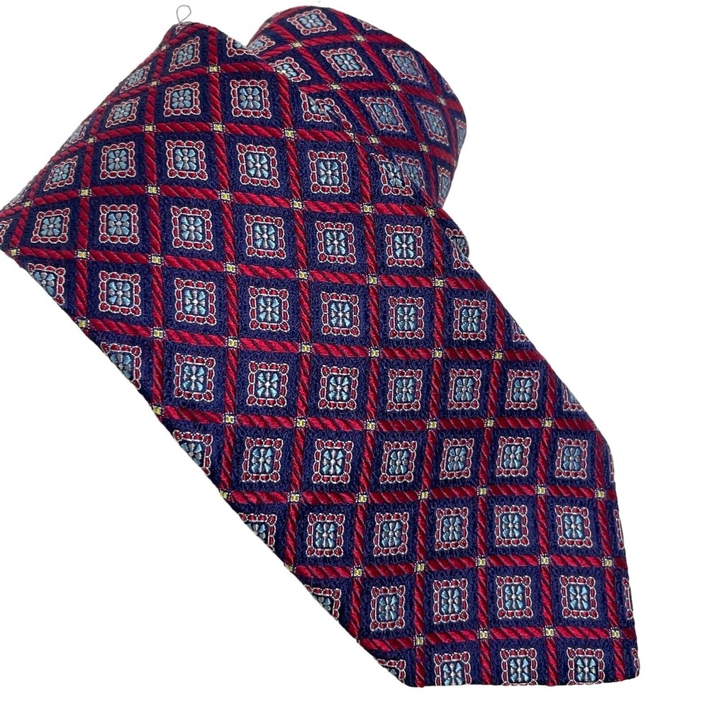 John W. Nordstrom Tie Mens Blue Red Geometric Medallion Silk Classic Business